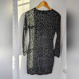 Mango Suit Longsleeve Black Midi Dress  w/ Silver Grey Floral Pattern Size XS